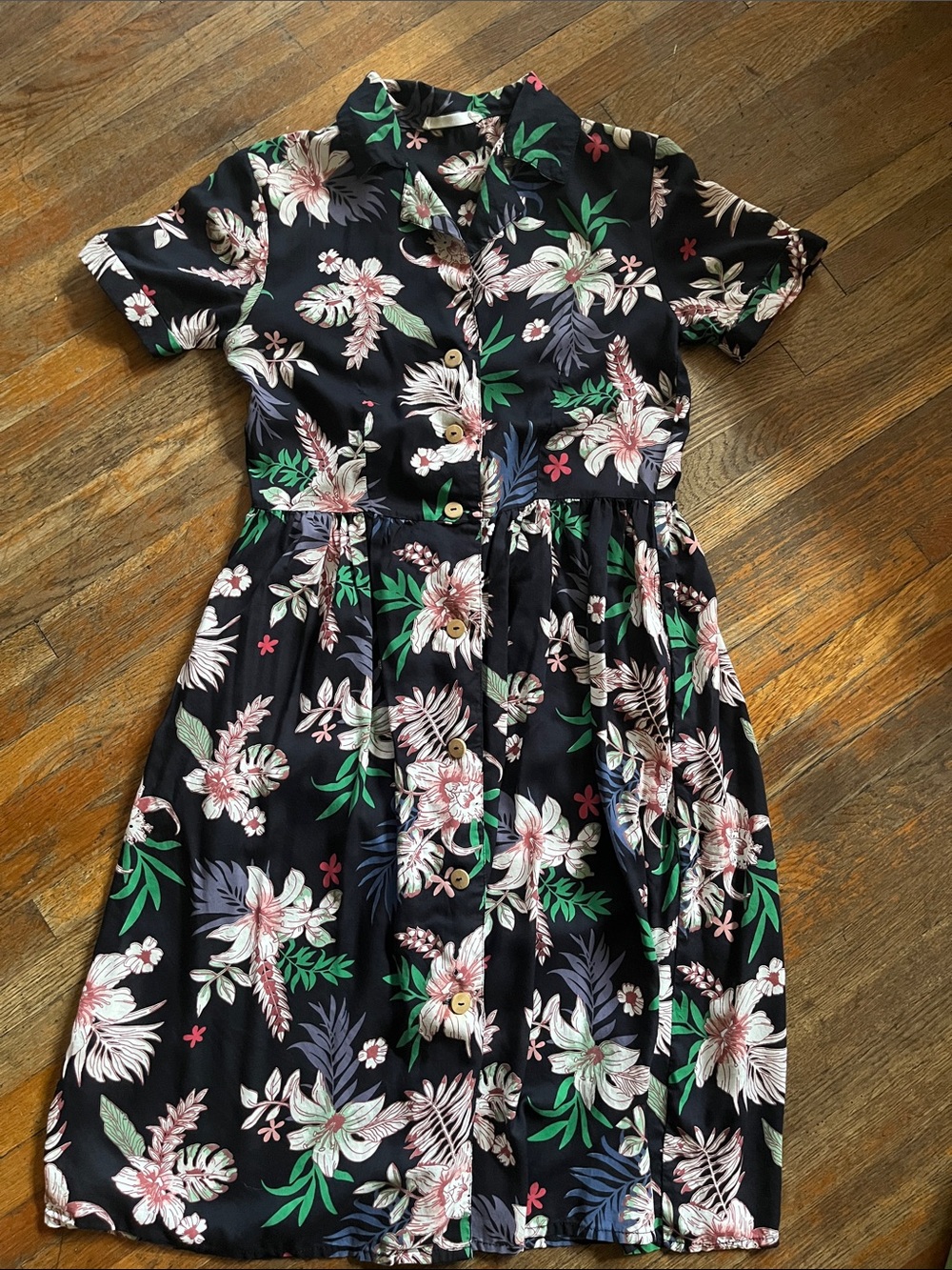 Mango Black Floral Button-Front Midi Dress